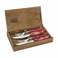 Steakbesteck-Set BUENO rot 4-tlg. in Naturholzkiste, Klinge aus rostfreien Edelstahl komplett Spülmaschinengeignet