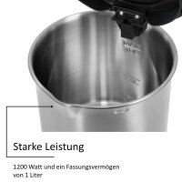 Exquisit Wasserkocher WK 3602 swi | Teekocher | 1200 Watt | Edelstahlwasserkocher | 1 Liter | Schwarz-Inox