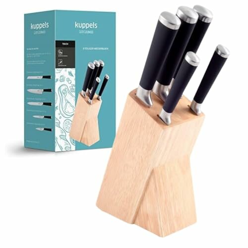 Kuppels TOUCH Messerblock inkl. Messer-Set, rostfrei & poliert, Gemüsemesser, Allzweckmesser, Schinkenmesser, Brotmesser & Kochmesser, Gummibaum-Holz, Edelstahl, Braun/Silber, 6-teilig…