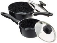 Russell Hobbs BW05743 Stone 3 Pfannen-Set, 16 und 20cm Stielkasserolle, 24cm Bratpfanne, keramische Antihaftbeschichtung, schwarz
